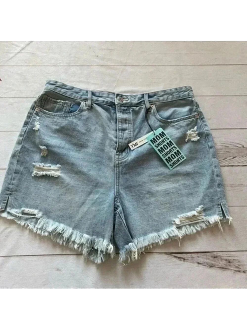 YMI Mom Fit High Rise Button Fly Distressed Frayed Light Denim Shorts 17…